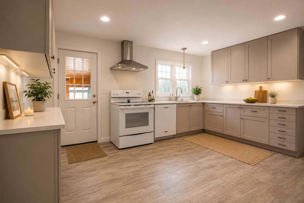After kitchen remodeling in Bethel CT showing new kitchen cabinets, updated flooring, modern finishes, and improved layout